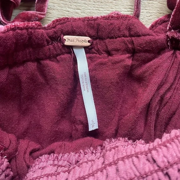 Free People Velvet Mini Dress Burgundy Puff Sleeve Lace Up Back S cottage boho - Picture 6 of 8